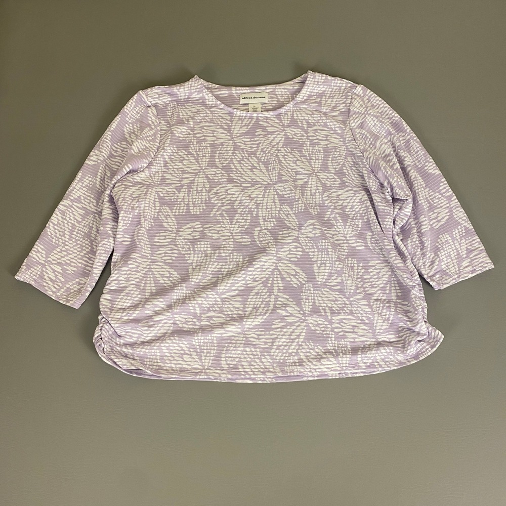 Alfred Dunner Floral Print Lavender Top Women's XL 3/4 Sleeve Ruched‎ Sides
